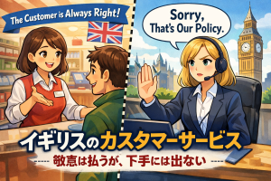 対等な姿勢で対応するイギリスのカスタマーサービスを表現したイラスト。笑顔で接客する店員と、方針を明確に伝えるスタッフの対比。