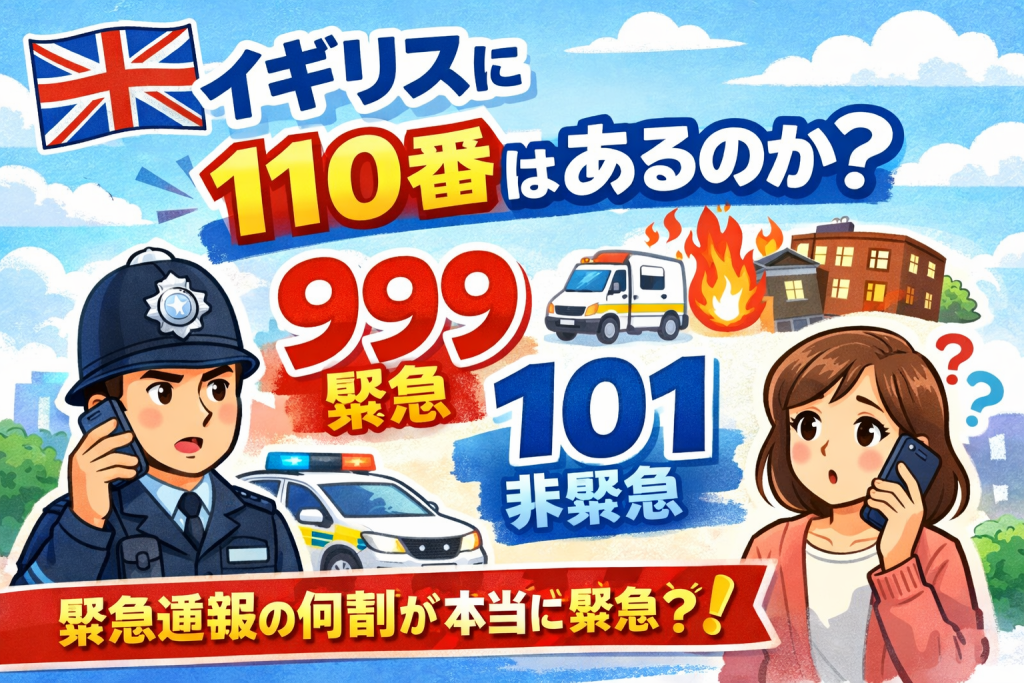 イギリスの緊急番号999と非緊急番号101を説明するイラスト。警察官と通報する女性、英国旗や救急・火災のアイコンが描かれている。