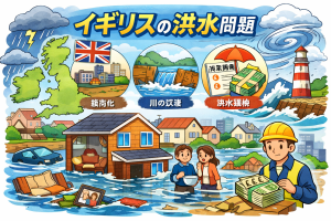 イギリスの街が洪水に見舞われ、浸水した住宅や家財、洪水原因や保険・補修費の問題をイラストで分かりやすく表現した図解イラスト