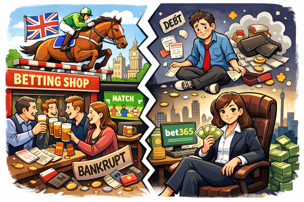 イギリスのギャンブル文化を描いたイラスト。競馬や賭けを楽しむ人々と、破産する人、成功する女性経営者の対比