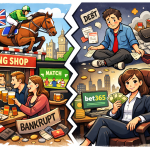 イギリスのギャンブル文化を描いたイラスト。競馬や賭けを楽しむ人々と、破産する人、成功する女性経営者の対比