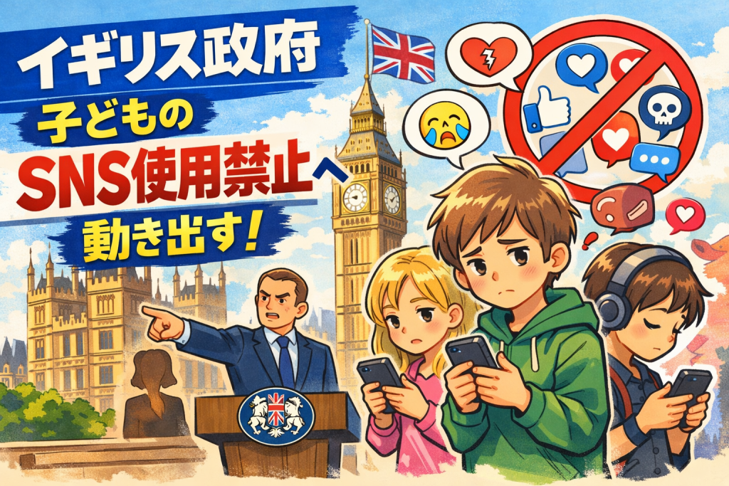 イギリス政府が子どものSNS使用禁止を検討する様子を描いたイラスト