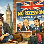 イギリスで大学卒業後に生活保護を申請する若者と、「不況ではない」と主張する政府の対比を描いたイラスト