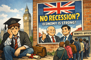 イギリスで大学卒業後に生活保護を申請する若者と、「不況ではない」と主張する政府の対比を描いたイラスト