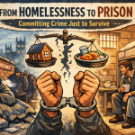 イギリスで路上生活と刑務所の環境を対比したイラスト。寒い街角で暮らすホームレスと、食事と寝床がある刑務所の様子が描かれている。