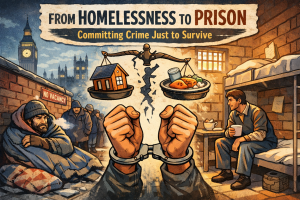 イギリスで路上生活と刑務所の環境を対比したイラスト。寒い街角で暮らすホームレスと、食事と寝床がある刑務所の様子が描かれている。
