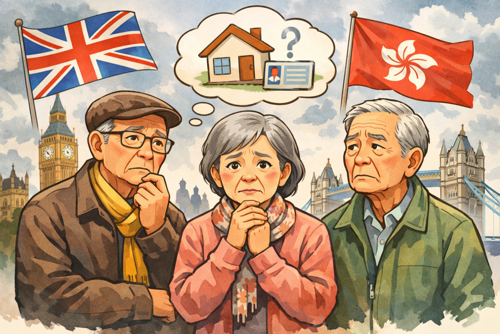 イギリスの街並みを背景に、永住権の行方に不安を抱く香港出身の高齢移住者たちを描いたイラスト