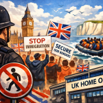 イギリスの移民政策を象徴的に描いたイラスト。国会議事堂や国境警備、海を渡る移民船と抗議デモの様子。