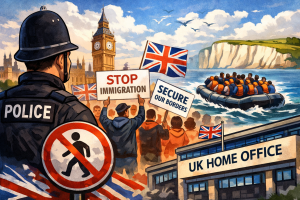 イギリスの移民政策を象徴的に描いたイラスト。国会議事堂や国境警備、海を渡る移民船と抗議デモの様子。