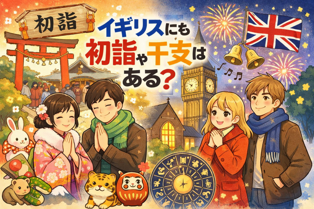 日本の初詣と干支、イギリスの新年文化を対比したイラスト。神社で参拝する日本人と、ビッグ・ベンや教会を背景に新年を迎えるイギリスの人々が描かれている