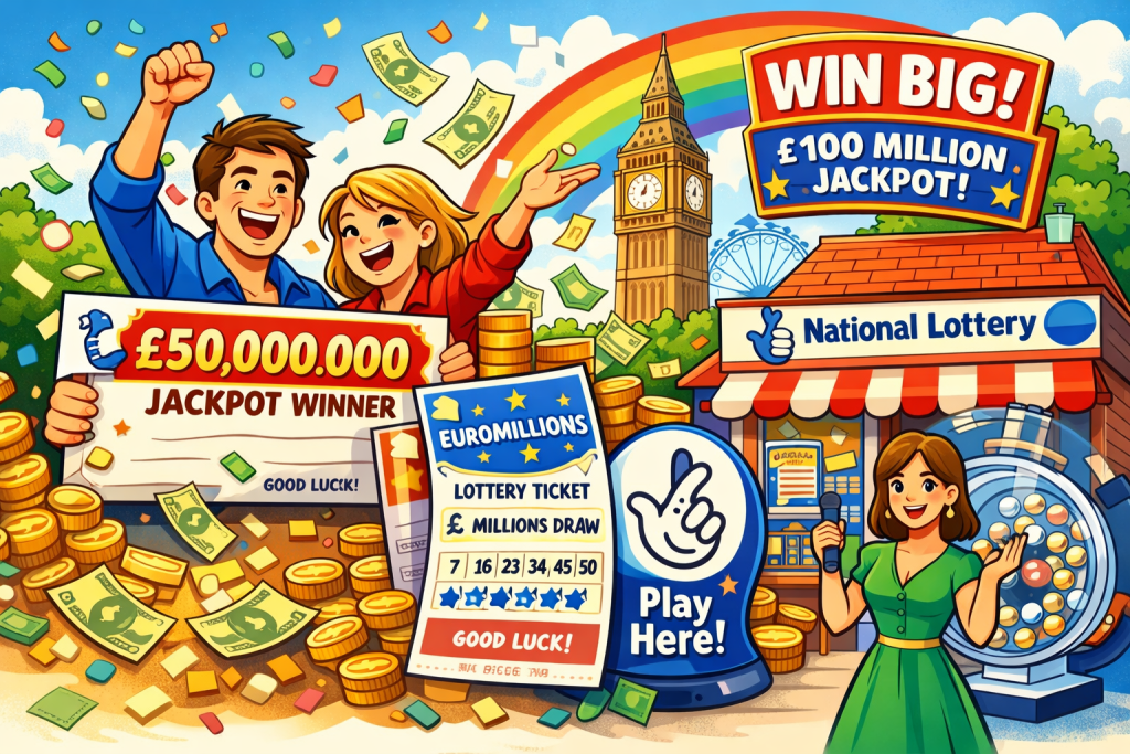 イギリスの宝くじで高額当選し喜ぶ人々と、ロンドンの名所やロトリー売り場を描いたイラスト