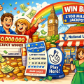 イギリスの宝くじで高額当選し喜ぶ人々と、ロンドンの名所やロトリー売り場を描いたイラスト