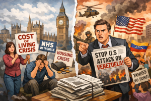 イギリス国内の生活費危機や医療・住宅問題と、アメリカのベネズエラ介入を非難するメディアの姿勢を対比的に描いたイラスト