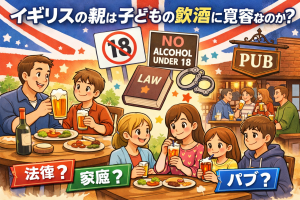 イギリスの家庭とパブ文化を背景に、親と子どもの飲酒に対する考え方を描いたイラスト