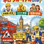 イギリスの主要道路で平日9時〜17時に行われる道路工事と、その理由を示したイラスト