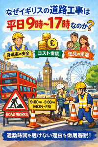 イギリスの主要道路で平日9時〜17時に行われる道路工事と、その理由を示したイラスト