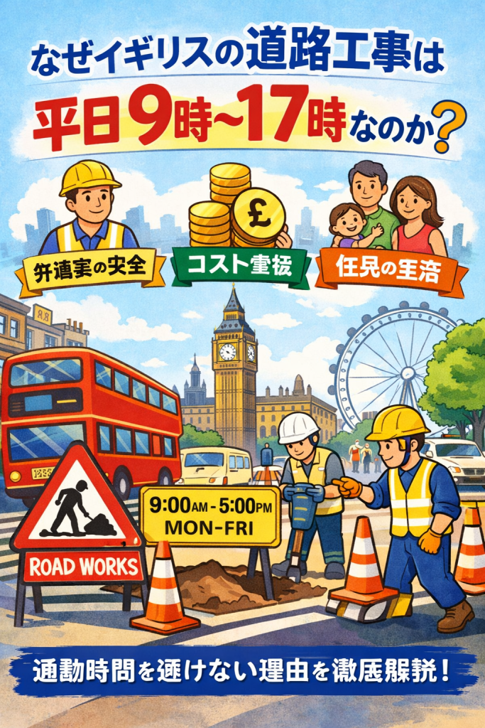 イギリスの主要道路で平日9時〜17時に行われる道路工事と、その理由を示したイラスト