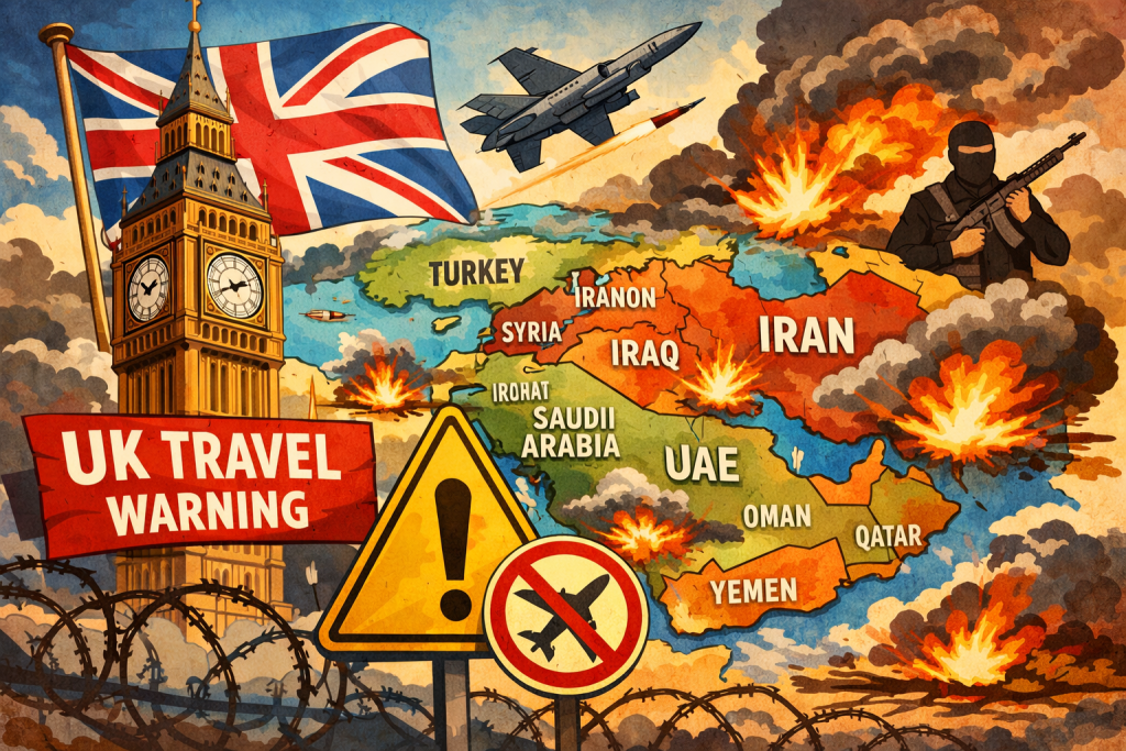 イギリス政府が中東を中心とする複数国への渡航自粛を呼びかけている様子を、英国と中東地域の地図で表現したイラスト