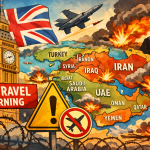 イギリス政府が中東を中心とする複数国への渡航自粛を呼びかけている様子を、英国と中東地域の地図で表現したイラスト