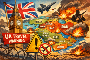 イギリス政府が中東を中心とする複数国への渡航自粛を呼びかけている様子を、英国と中東地域の地図で表現したイラスト