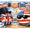 イギリスとアメリカの国旗を擬人化したイラスト。困った表情のイギリスと余裕のあるアメリカが向かい合い、英米の力関係を表現している。