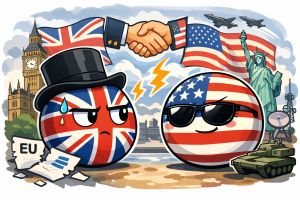 イギリスとアメリカの国旗を擬人化したイラスト。困った表情のイギリスと余裕のあるアメリカが向かい合い、英米の力関係を表現している。