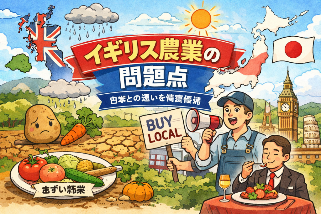 イギリス農業の課題を日本との違いで対比したイラスト調のアイキャッチ画像