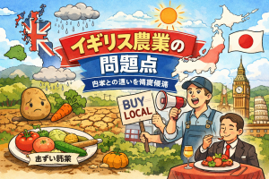 イギリス農業の課題を日本との違いで対比したイラスト調のアイキャッチ画像