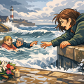 荒れた冬の海で、護岸から必死に手を伸ばす母親と、波にさらわれた少女を助けようとする男性を描いたイラスト