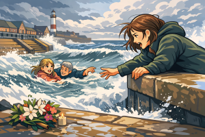 荒れた冬の海で、護岸から必死に手を伸ばす母親と、波にさらわれた少女を助けようとする男性を描いたイラスト