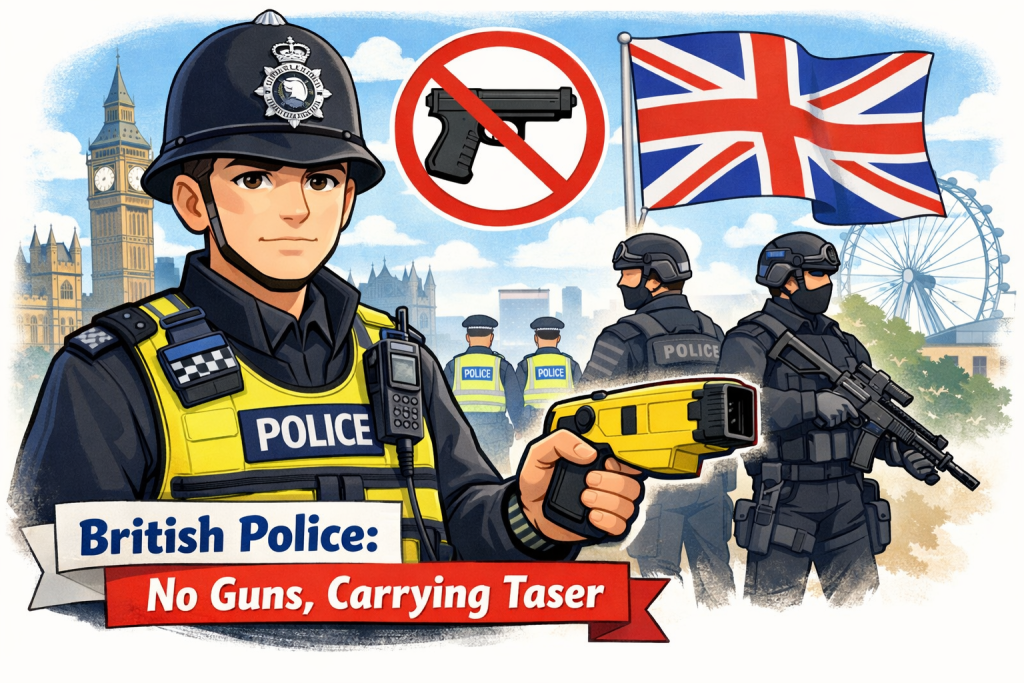 イギリスの警察官が銃を持たず、スタンガン（テーザー銃）を携行している様子を描いたイラスト。ロンドンの街並みと英国旗が背景にある。