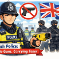 イギリスの警察官が銃を持たず、スタンガン（テーザー銃）を携行している様子を描いたイラスト。ロンドンの街並みと英国旗が背景にある。