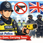イギリスの警察官が銃を持たず、スタンガン（テーザー銃）を携行している様子を描いたイラスト。ロンドンの街並みと英国旗が背景にある。