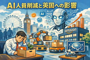 AIによる人員削減を象徴するロボットと倉庫自動化設備、英国ロンドンの街並みを背景に、退職を余儀なくされたビジネスパーソンを描いたイラスト
