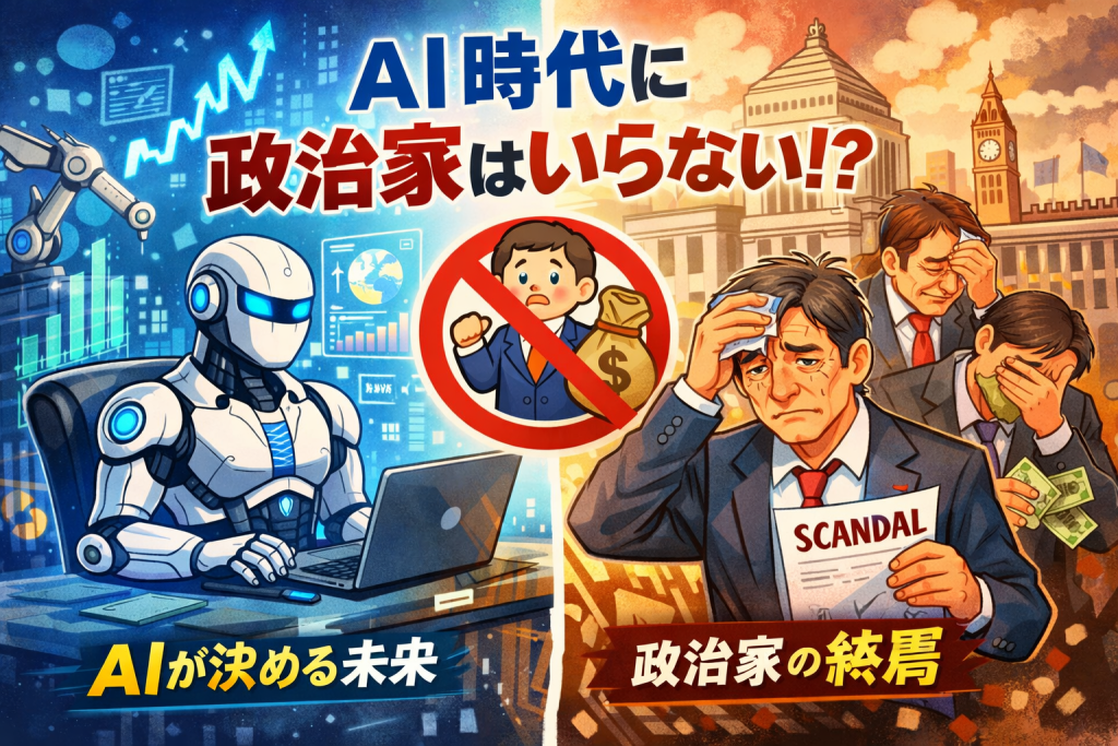 AI時代に政治家は不要なのかをテーマに、AIと不祥事に揺れる政治家を対比したイラスト