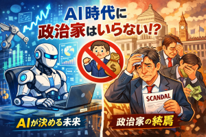 AI時代に政治家は不要なのかをテーマに、AIと不祥事に揺れる政治家を対比したイラスト