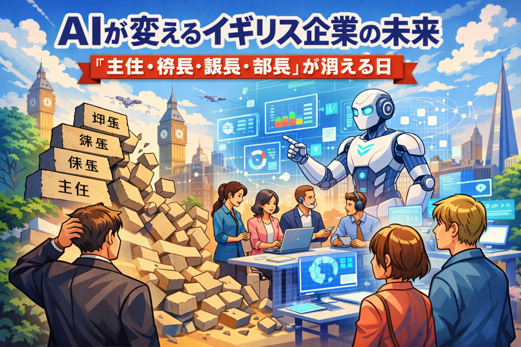 AIによって階層型組織が崩れ、フラットな働き方へ移行するイギリス企業の未来を描いたイラスト