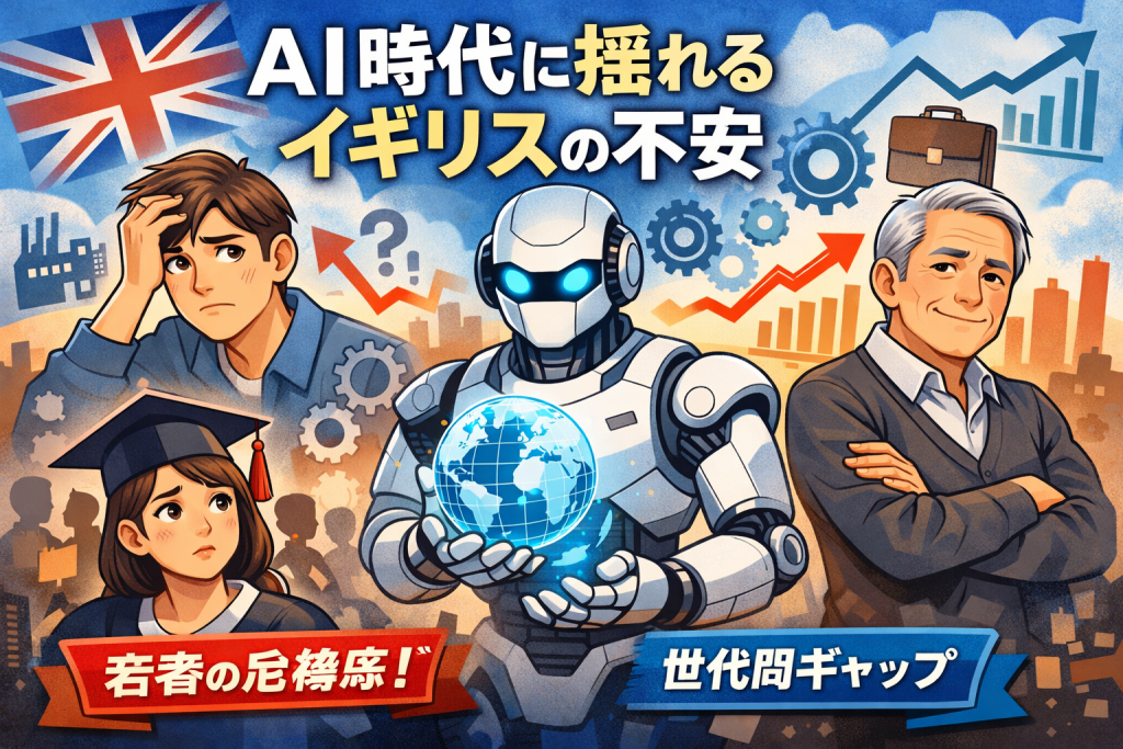 AIの進展により仕事や将来に不安を抱えるイギリスの若者と学生、そして世代間の意識差を描いたイラスト