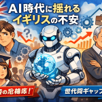 AIの進展により仕事や将来に不安を抱えるイギリスの若者と学生、そして世代間の意識差を描いたイラスト