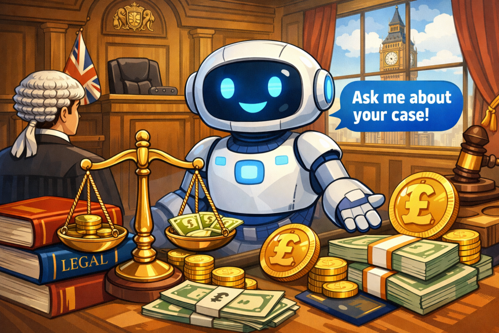 イギリスの裁判所でAIが法律相談を行い、ソリシターの代替となる様子を描いたイラスト