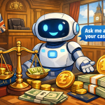 イギリスの裁判所でAIが法律相談を行い、ソリシターの代替となる様子を描いたイラスト