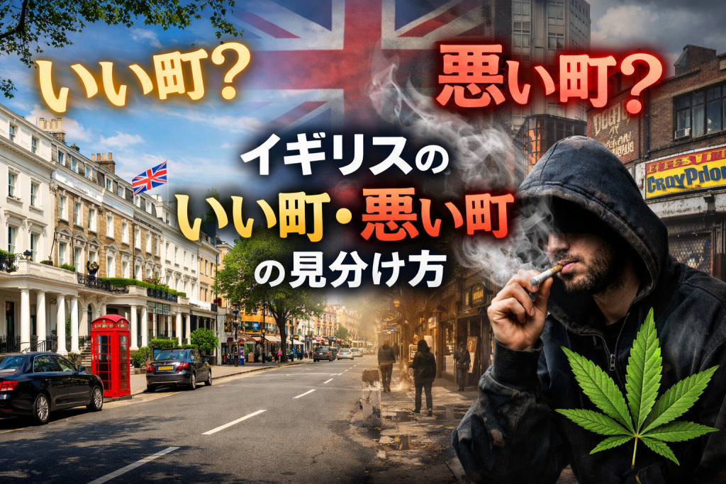 ロンドンの高級住宅街チェルシーの整った街並みと、対照的にフード姿の男性が煙を吐く荒れた都市風景を左右に配置し、「イギリスのいい町・悪い町の見分け方」と大きく表示したアイキャッチ画像。