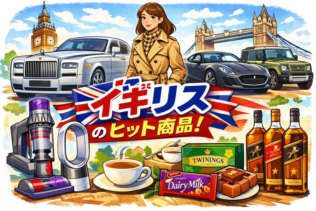 イギリスの世界的ヒット商品をイラスト調で表現したアイキャッチ画像。ロールス・ロイス、高級車、紅茶、ウイスキー、家電とロンドンの街並みを描いている。