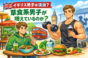 健康志向の若いイギリス人男性とジムでトレーニングする男性を対比したイラスト。ロンドンの街並みを背景に、草食系男子増加をテーマにしたアイキャッチ画像。