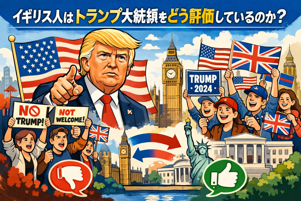 イギリスとアメリカの国旗やビッグベン、自由の女神を背景に、トランプ大統領を中心として賛成派と反対派のイギリス人が対比的に描かれた政治テーマのイラスト