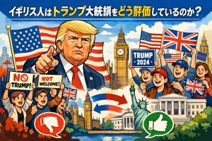 イギリスとアメリカの国旗やビッグベン、自由の女神を背景に、トランプ大統領を中心として賛成派と反対派のイギリス人が対比的に描かれた政治テーマのイラスト