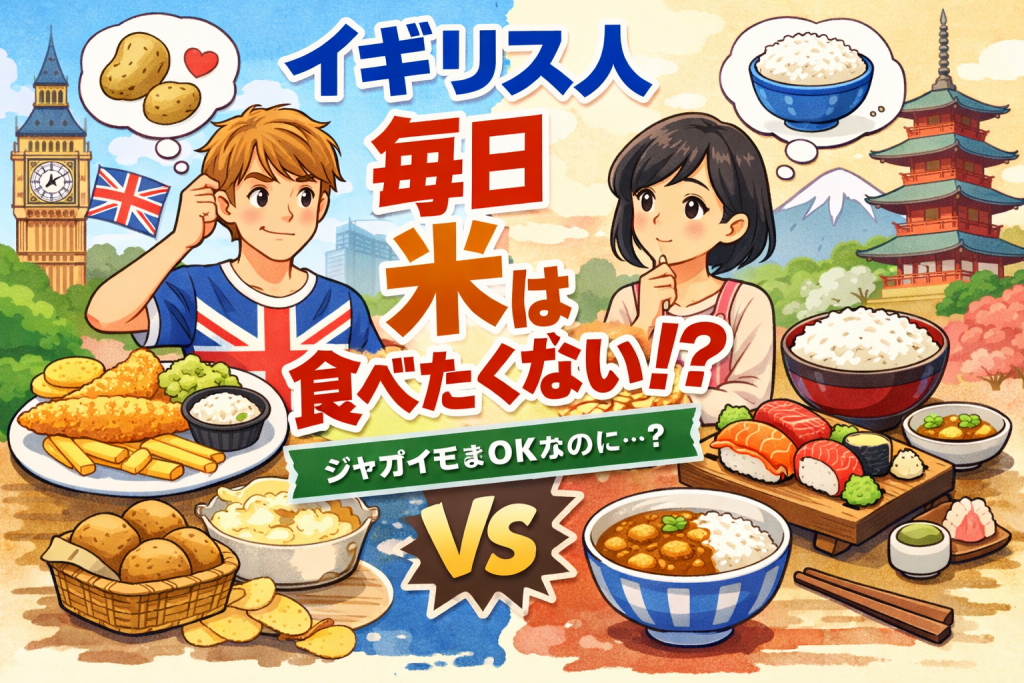 イギリス人はジャガイモは毎日食べられるが米は毎日食べたくない、という食文化の違いを表現したイラスト