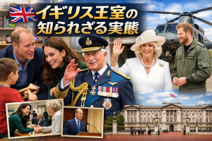 イギリス王室の主要メンバーが公務や地域交流を行う様子とバッキンガム宮殿を組み合わせたアイキャッチ画像