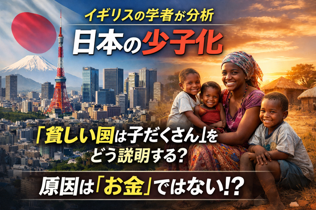 東京の都市風景とアフリカの農村で母親と子どもたちが並ぶ対比ビジュアル。「日本の少子化の原因はお金ではない？」というテーマを表現したアイキャッチ画像。