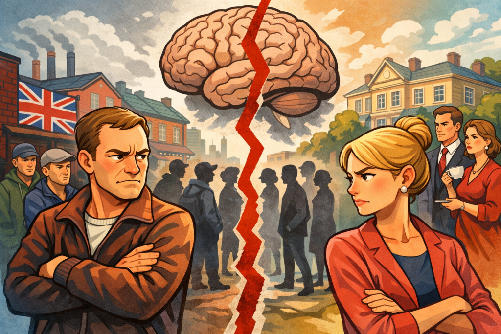 人を見た瞬間に優劣や好き嫌いを判断してしまう人間の脳と、社会的分断や差別を象徴的に描いたイラスト